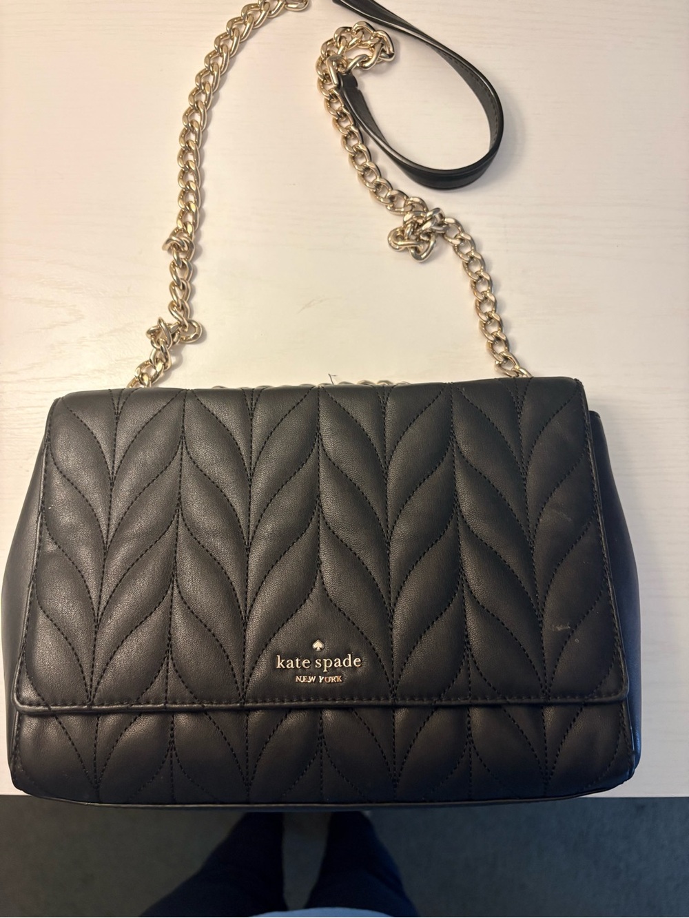 kate spade Black Quilted Leather Chain Crossbody Bag with Gold Hardware
